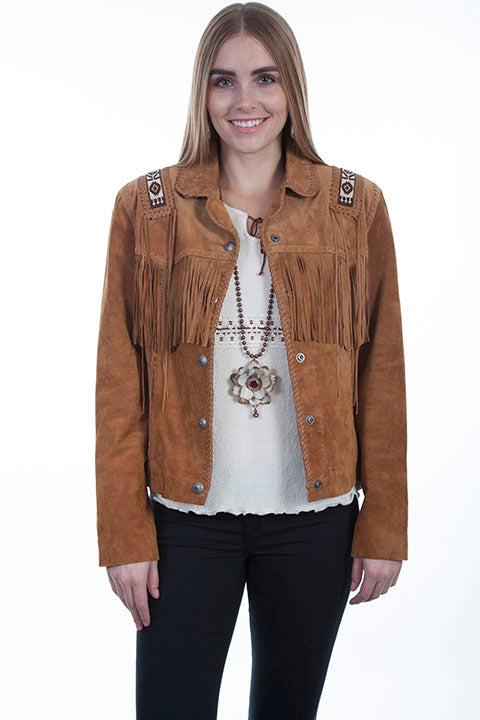 Scully Ladies' Leather Suede Fringe Jacket with Beads and Hand Lacing Expresso Front