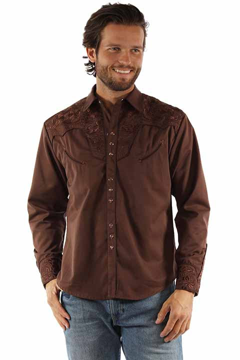 Scully Men's Gunfighter Embroidered Shirt Mocha Front