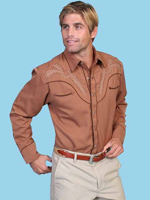 Scully Men's Vintage Inspired Bootstitch Shirt Brown Front