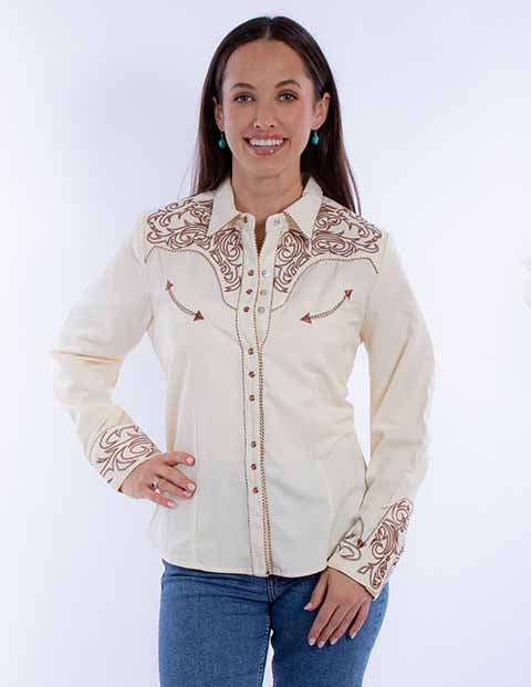 Scully Ladies' Embroidered Shirt Scrolls Cream Front