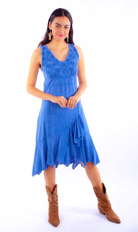 Scully Cantina Collection Dress Cotton and Ruffles Blue Front
