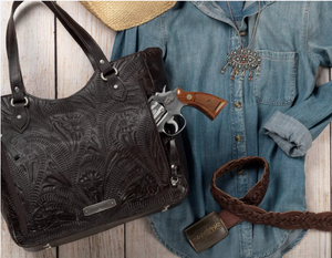 American West Handbag Annie's Secret Collection: Leather Zip Top Tote, Western Tooled