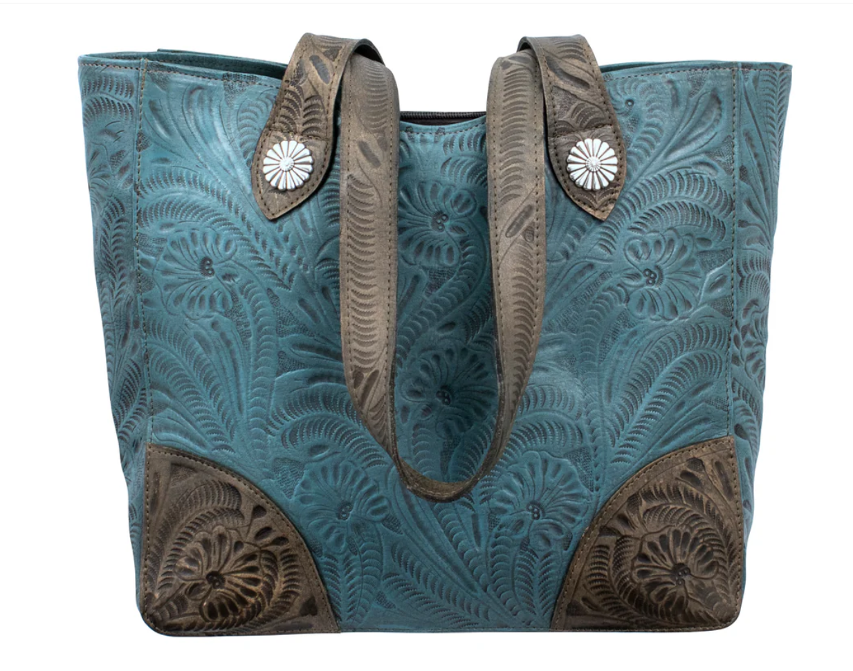 American West Handbag Annie's Secret Collection: Leather Zip Top Tote, Western Tooled