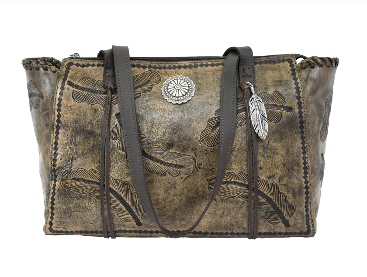 American West Sacred Bird Collection Zip Top Shoulder Tote Distressed Charcoal