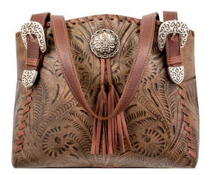 American West Lariats & Lace Zip Top Tote with Secret Compartment Distressed Charcoal Brown