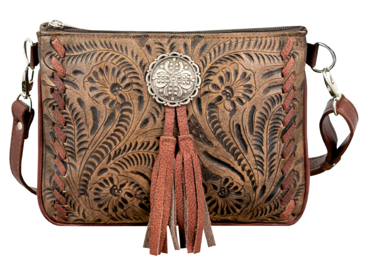 American West Lariats & Lace Collection Crossbody Multi Compartment Bag Distressed Charcoal Brown