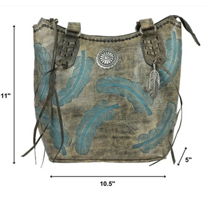 American West Handbag Sacred Bird Collection Zip Top Tote Distressed Charcoal Light Turquoise  Front