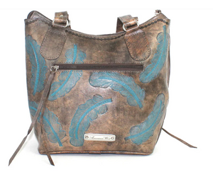 American West Handbag Sacred Bird Collection Zip Top Tote Distressed Charcoal Light Turquoise Front