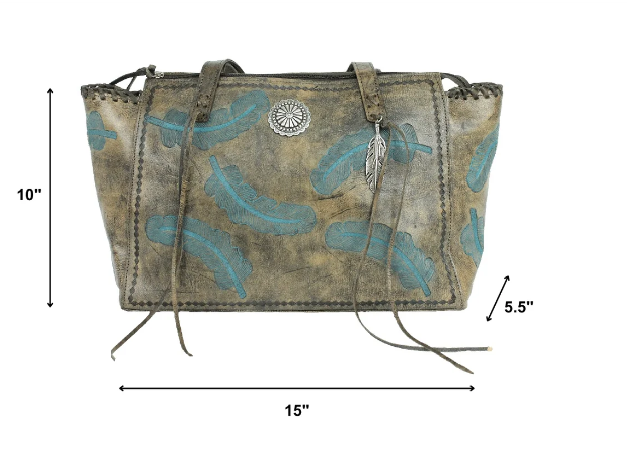 American West Sacred Bird Collection Zip Top Shoulder Tote Distressed Charcoal and Light Turquoise