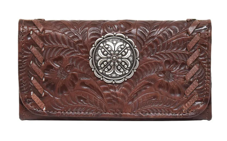 American West Lariats & Lace Tri-Fold Wallet Diark Brown