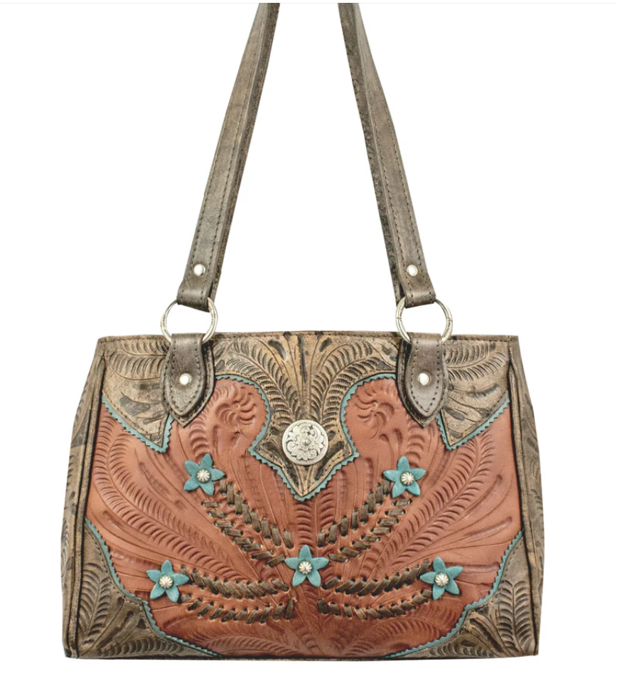 American West Handbag, Desert Wildflower Collection: Multi-Compartment Organizer Tote Front Natural Tan