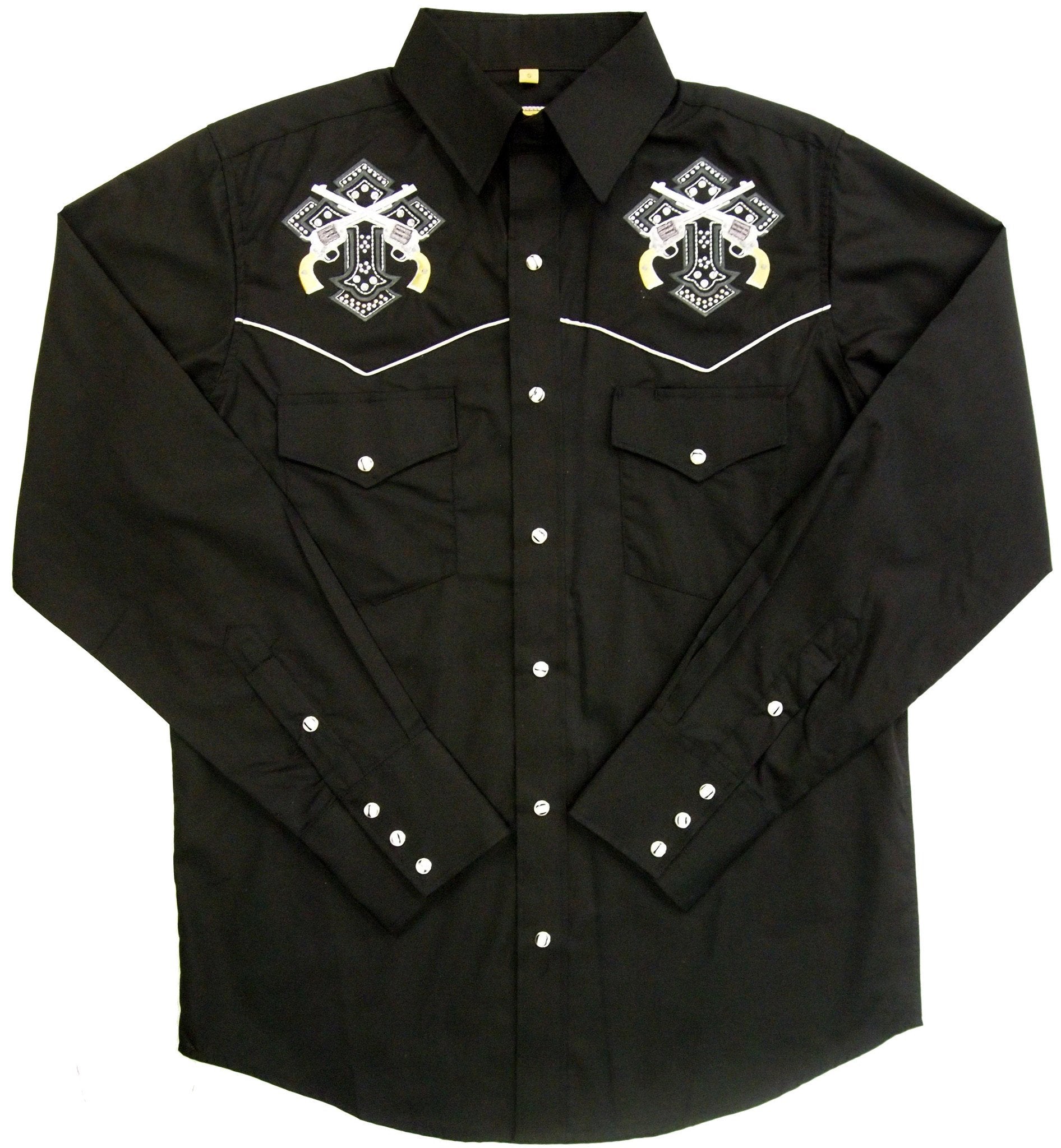 Men's Embroidered Western Shirt: White Horse Cross and Pistols