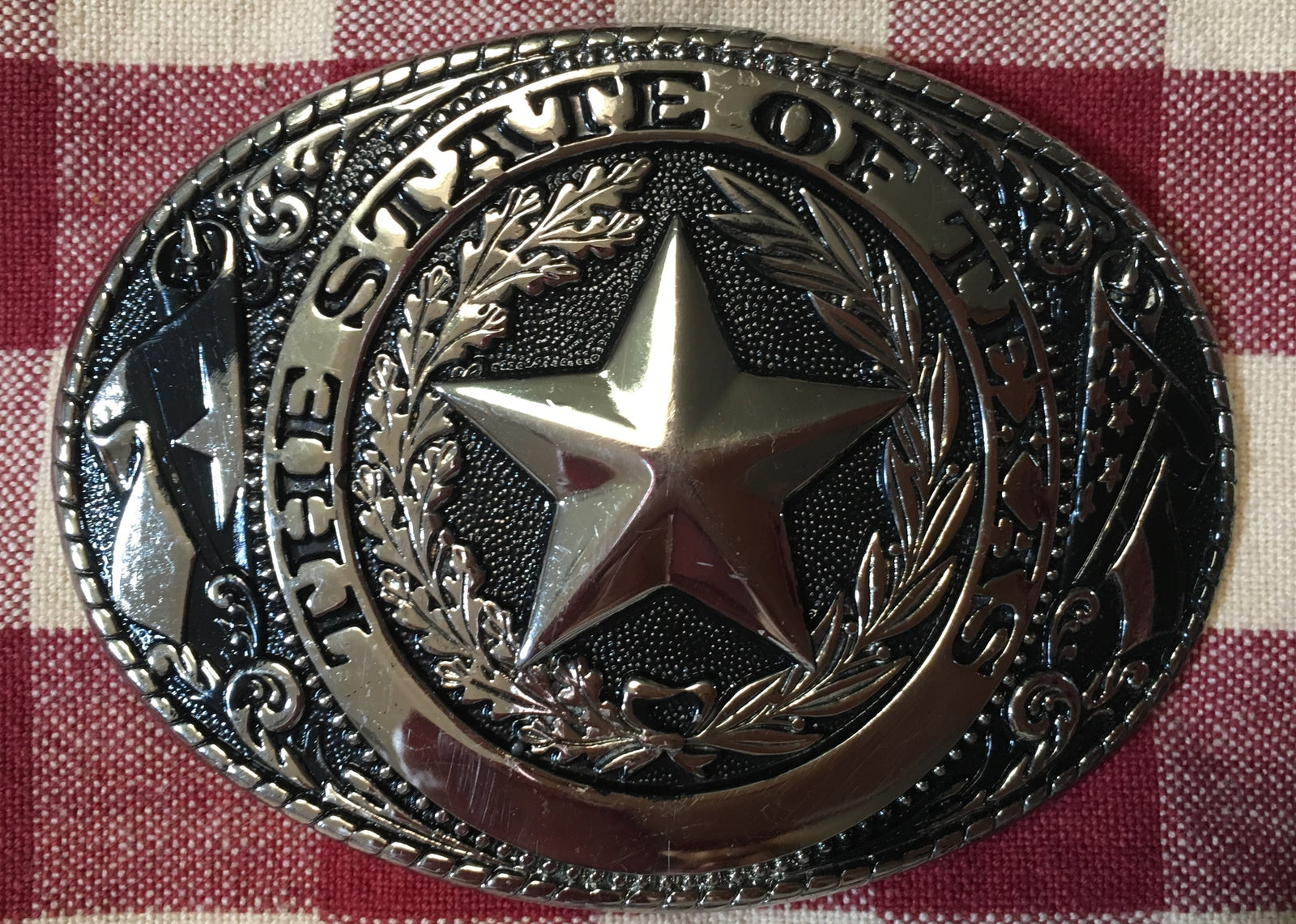 Western Style, Star Trophy Belt Buckle Antique Copper State of Texas Seal  Concho