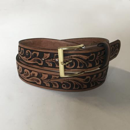 Floral Tooled Leather Belt - TwoTone Brown Leaf Pattern