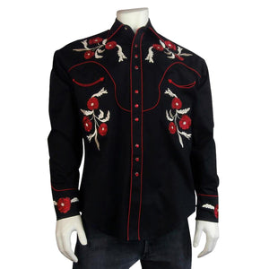 Rockmount Ranch Wear Men's Embroidered Roses on Black #176716 Front