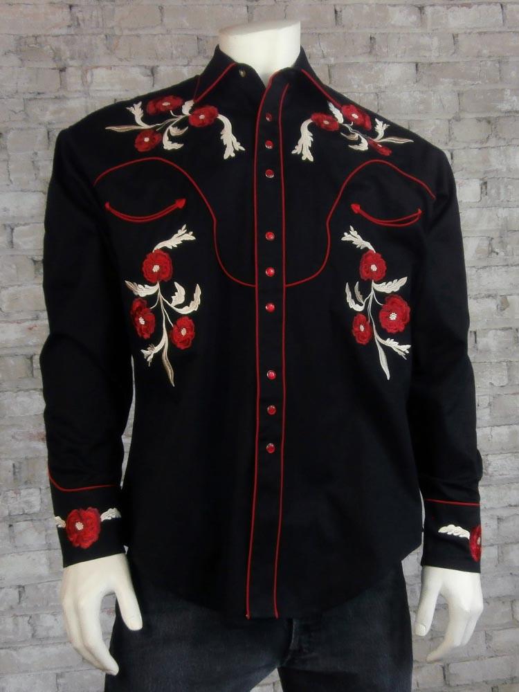 Rockmount Ranch Wear Men's Embroidered Roses on Black #176716 Front