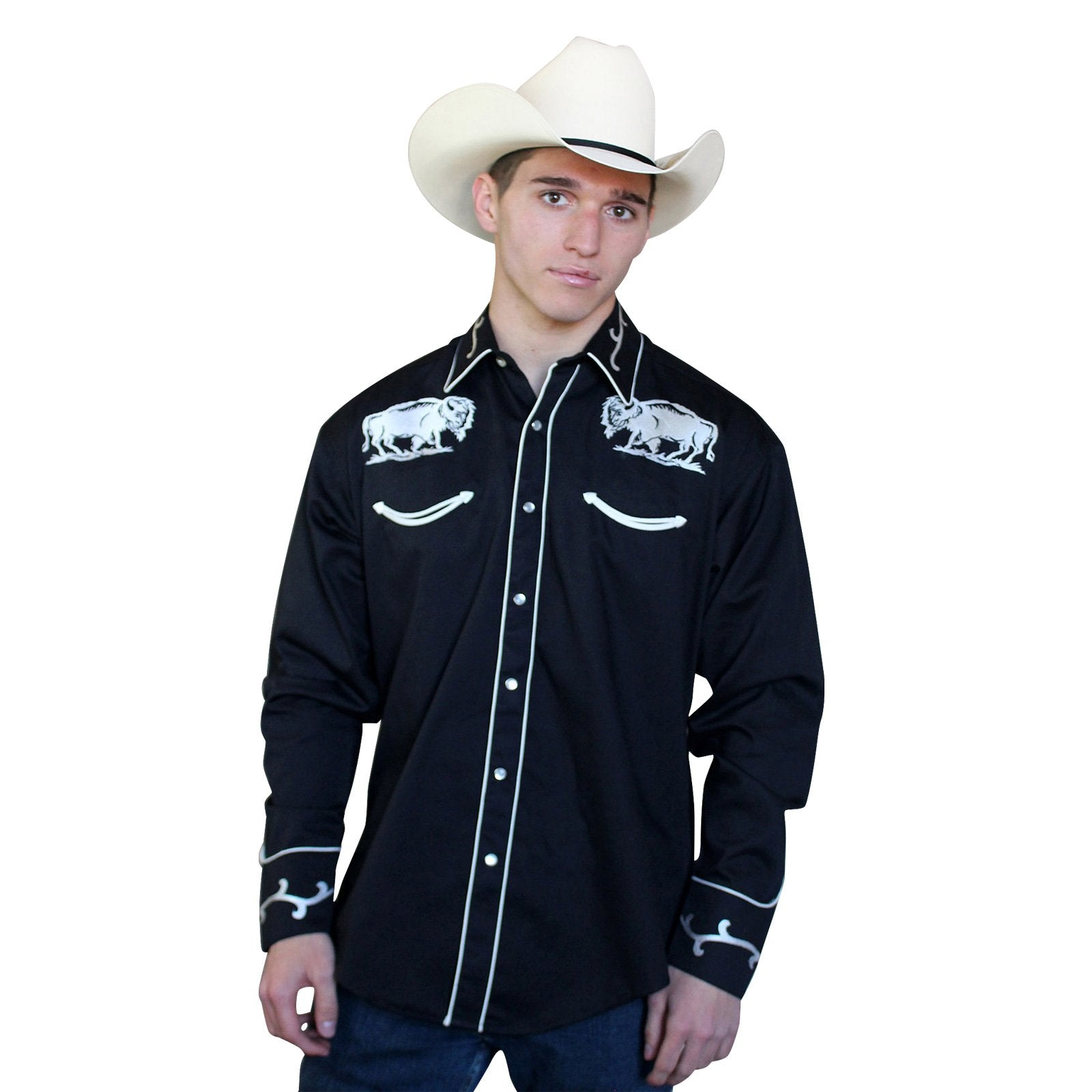 Rockmount Ranch Wear Men's Western Vintage White Bison on Black Front