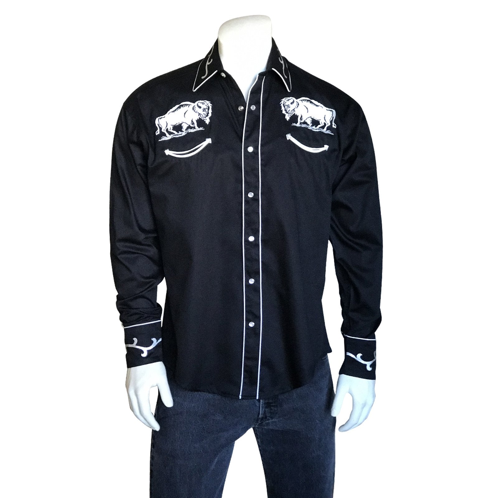 Rockmount Ranch Wear Men's Western Vintage White Bison on Black Front