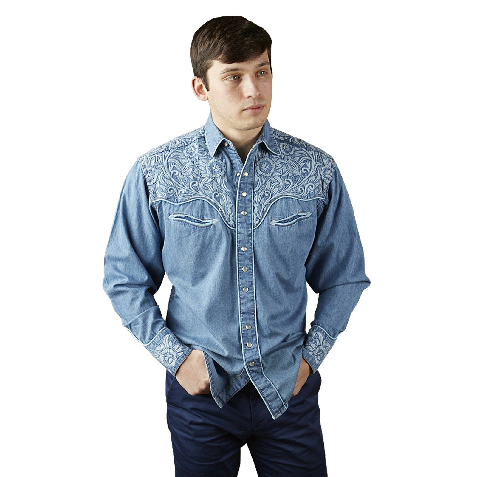 Rockmount Ranch Wear Men's Vintage Western Shirt Floral Tooling on Denim Front