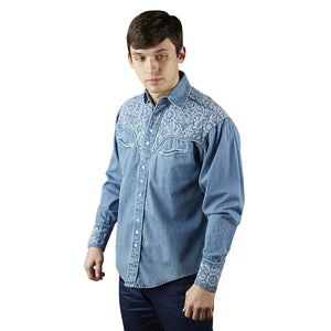 Rockmount Ranch Wear Men's Vintage Western Shirt Floral Tooling on Denim Side