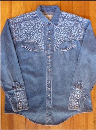 Rockmount Ranch Wear Men's Vintage Western Shirt Floral Tooling on Denim Front