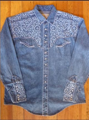 Rockmount Ranch Wear Men's Vintage Western Shirt Floral Tooling on Denim Front