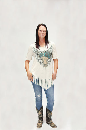 Liberty Wear Ladies' Blue Rose Steer with Fringe Front Oat