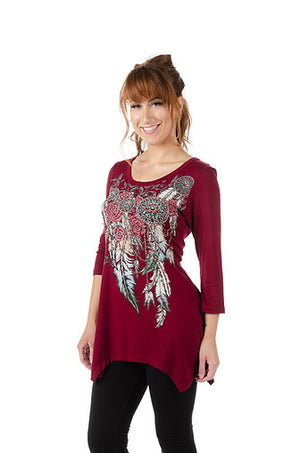 Liberty Wear Feathers & Conchos Mini Sharktail Top Burgundy #117961C