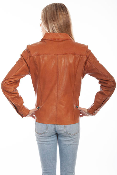 Ladies Asymmetrical Biker Jacket in Rich Cognac Brown Leather In