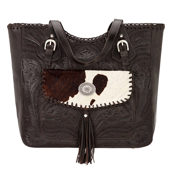 American West Handbag, Annie's Secret Collection, Tote, Pocket, Front Distressed Charcoal Brown