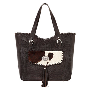 American West Handbag, Annie's Secret Collection, Tote, Pocket, Front Chocolate Brown with Pony Print