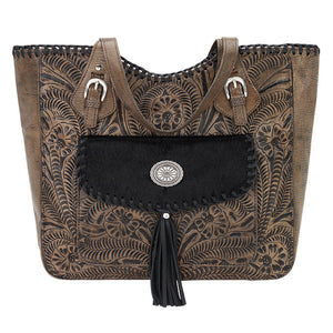 American West Handbag, Annie's Secret Collection, Tote, Pocket, Front Distressed Charcoal Brown