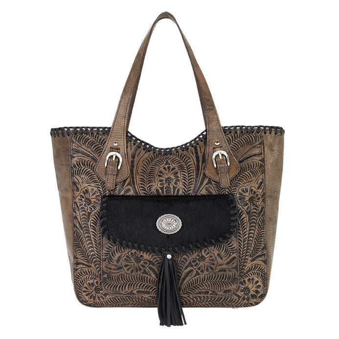 American West Handbag, Annie's Secret Collection, Tote, Pocket, Front Disressed Charcoal Brown