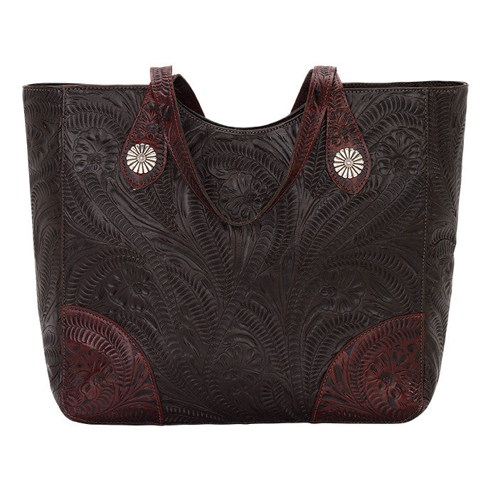 American West Handbag, Annie's Secret, Tote, Tooled, Front Chocolate Brown