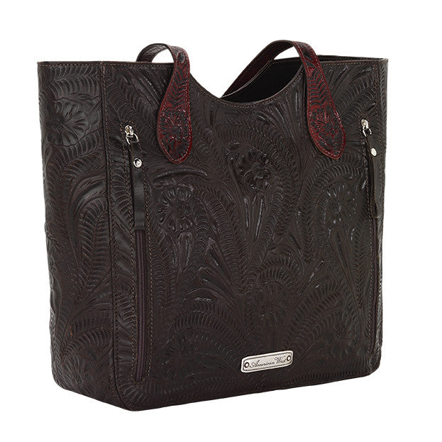 American West Handbag, Annie's Secret, Tote, Tooled, Back Chocolate Brown