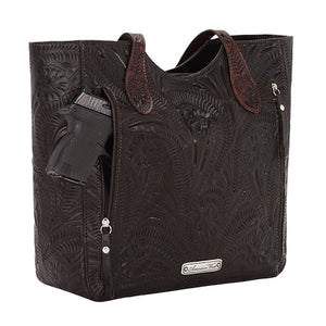 American West Handbag, Annie's Secret, Tote, Tooled, Gun Chocolate Brown