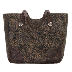 American West Handbag, Annie's Secret, Tote, Tooled, Front Distressed Charcoal Brown