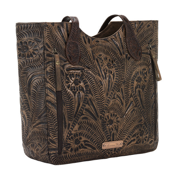 American West Handbag, Annie's Secret, Tote, Tooled, Back Distressed Charcoal Brown