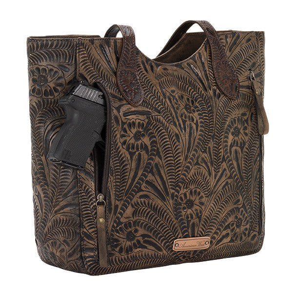 American West Handbag, Annie's Secret, Tote, Tooled, Gun Distressed Charcoal Brown