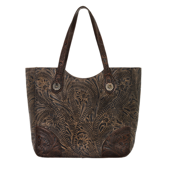 American West Handbag, Annie's Secret, Tote, Tooled, Front Distressed Charcoal brown